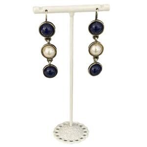 Vintage Triple Half Bead Dangle Earring Blue White